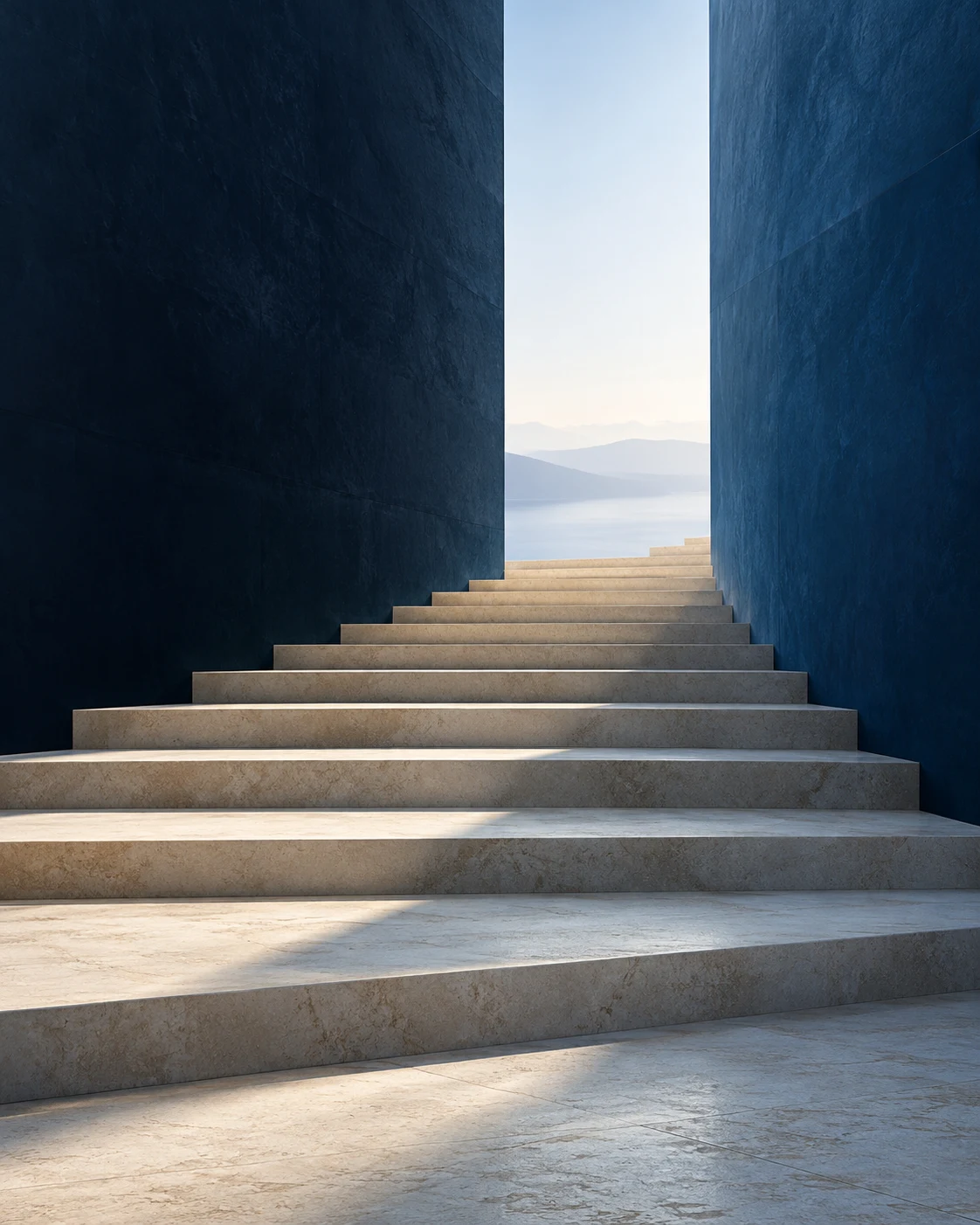 Steps between navy walls opening towards distant mountains.