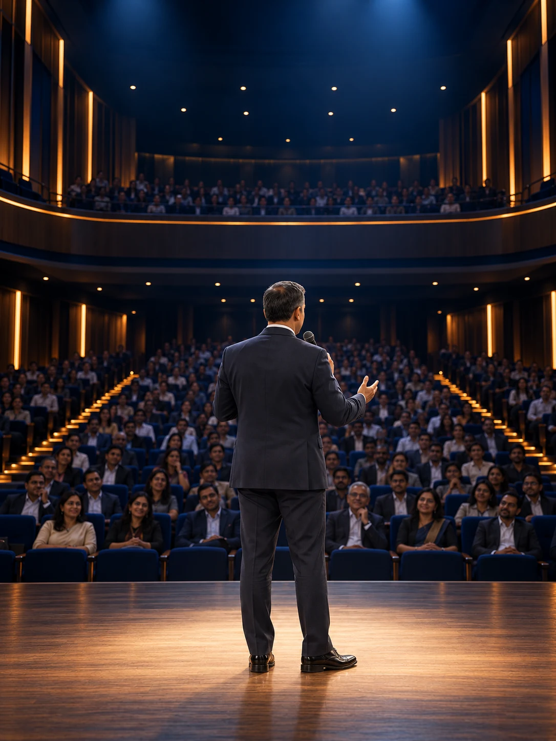 AI-generated conceptual illustration of Major Rakesh Sharma seen from behind addressing a seated audience in a navy auditorium.